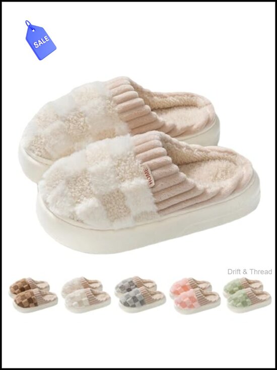 Shoes - Plaid House Slippers Plush Fuzzy Warm Memory Foam Indoor Non-Slip